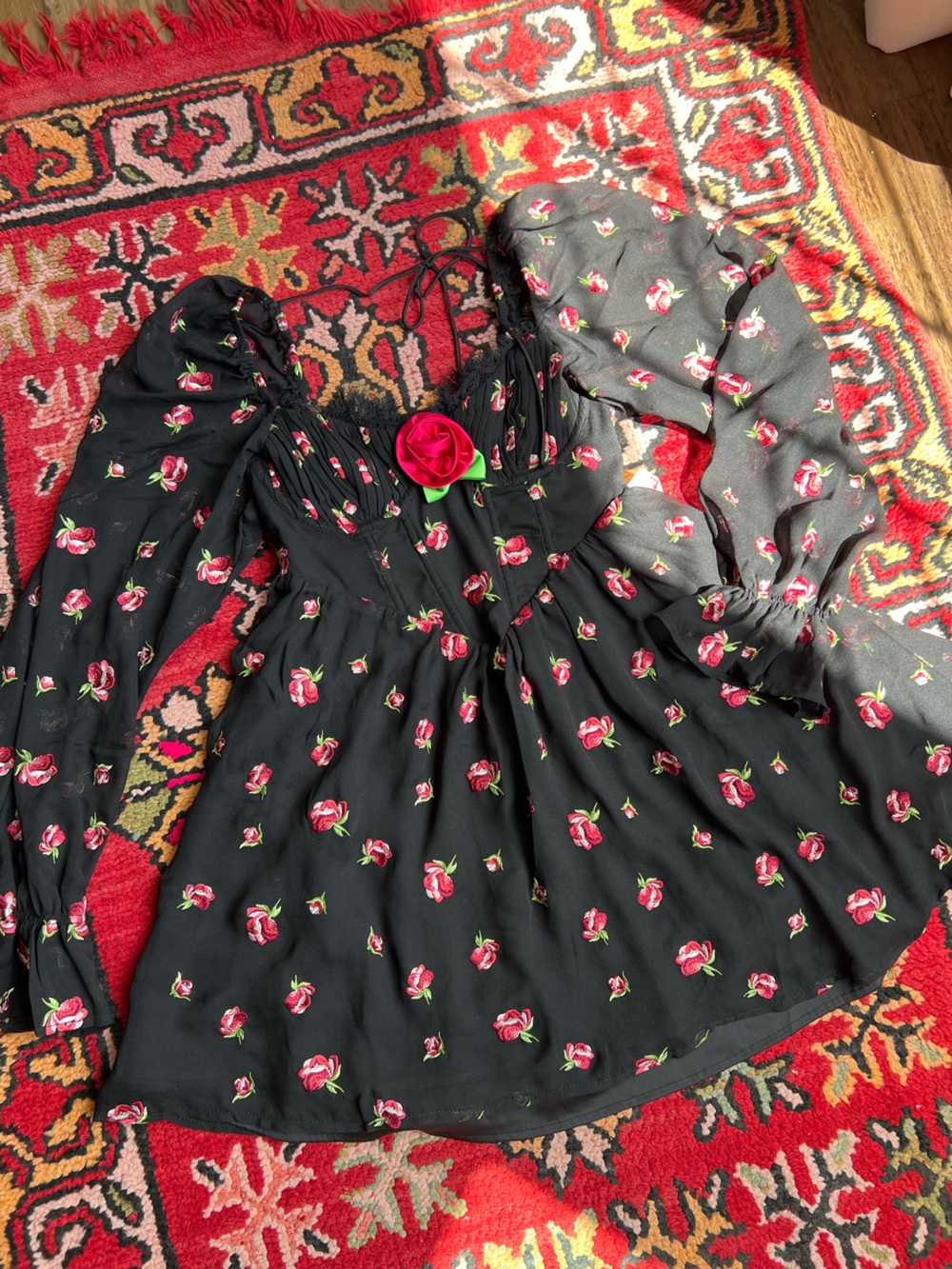 NWT For Love And Lemons Black Mini Dress with Pink Rose Applique